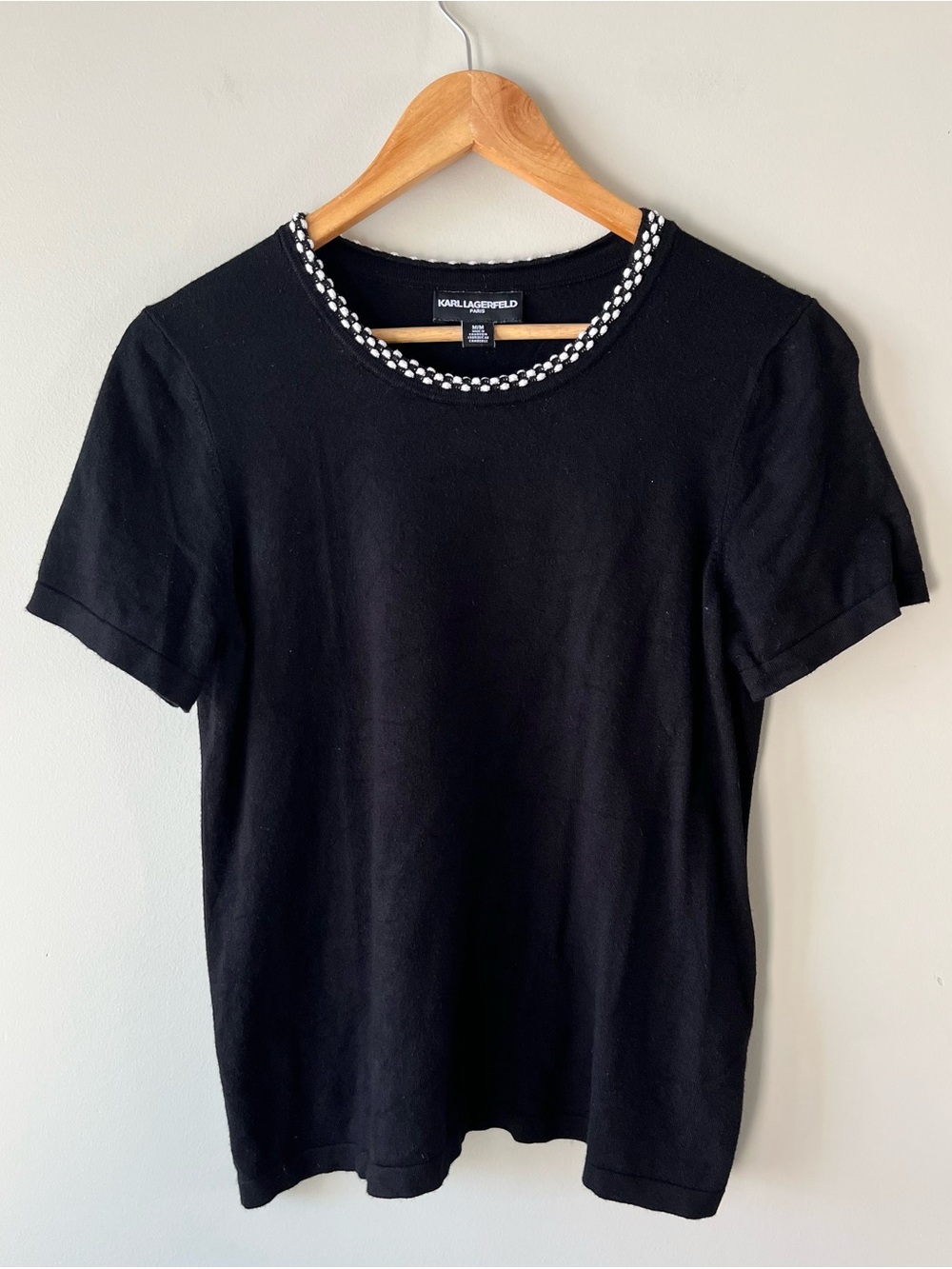 Karl Lagerfeld Black Knit Top with Braided Black & White Neckline Size Medium